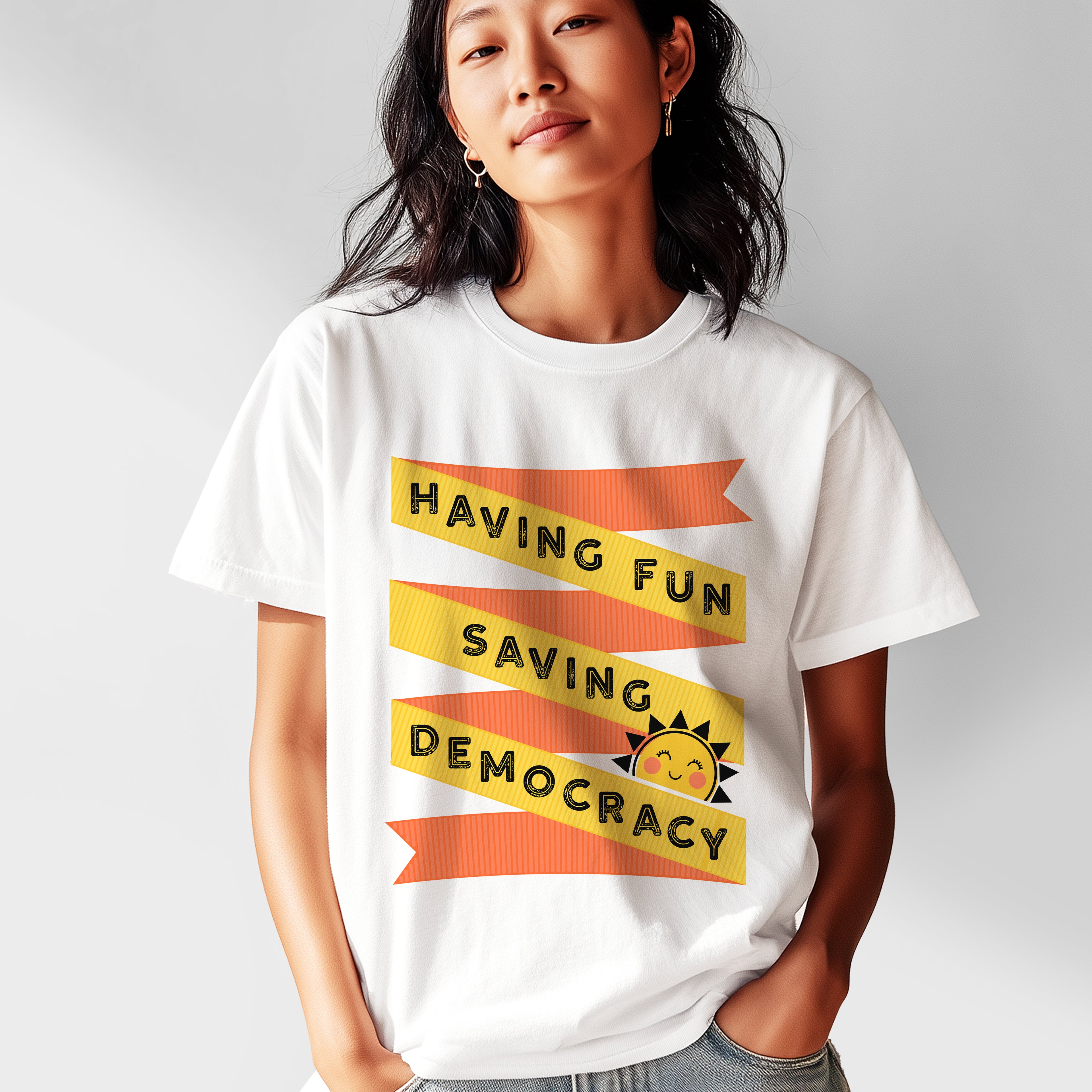 Having Fun Saving Democracy  -  Resistance T-Shirt - Yellow and White